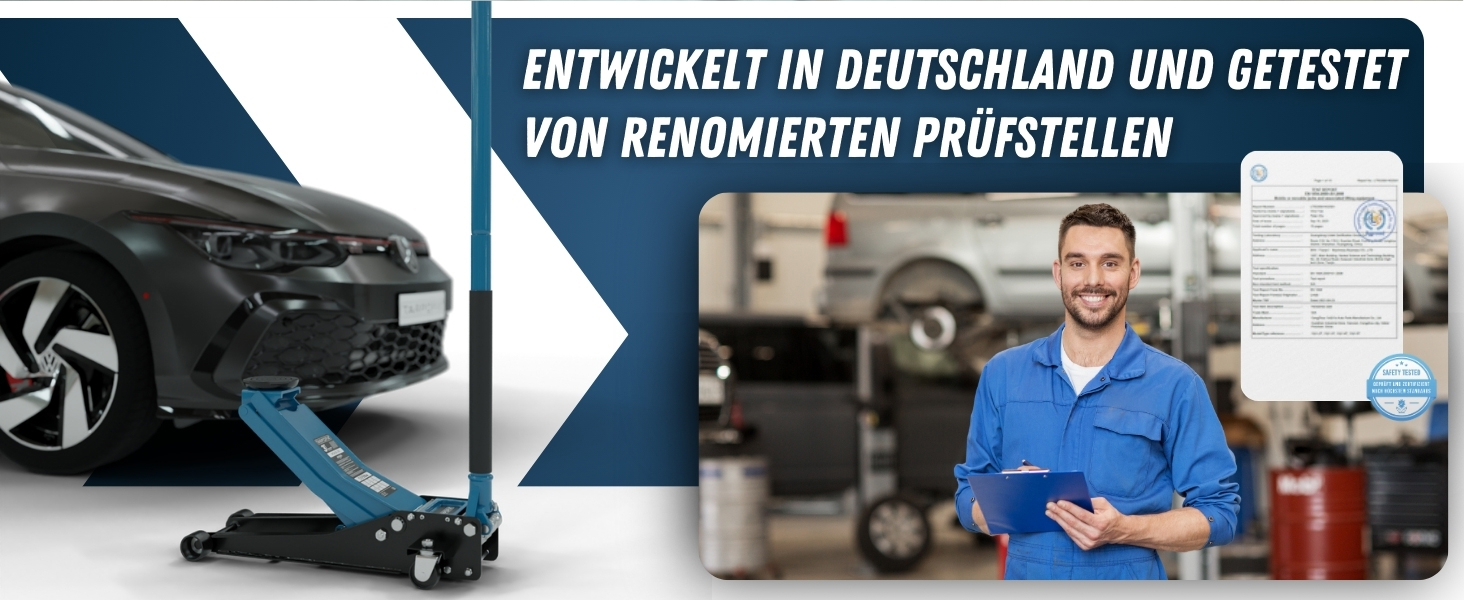 Bild des Automobilservices, das einen Hebemechanismus f&uuml;r Autos und einen Werbetext auf Deutsch &uuml;ber Tests und Entwicklung zeigt.