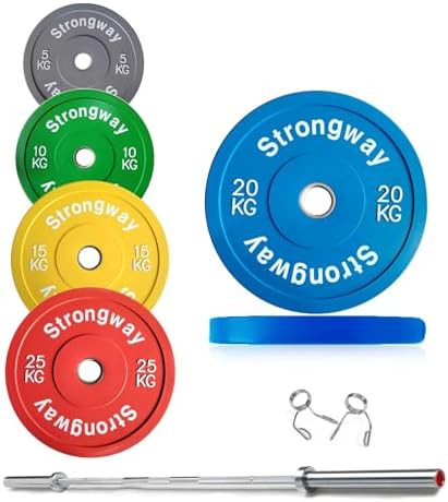 Strongway Olympic 50KG 70KG 100KG Bumper Weight Plates Sets with 6FT 7FT Barbell - Colour Coded ...