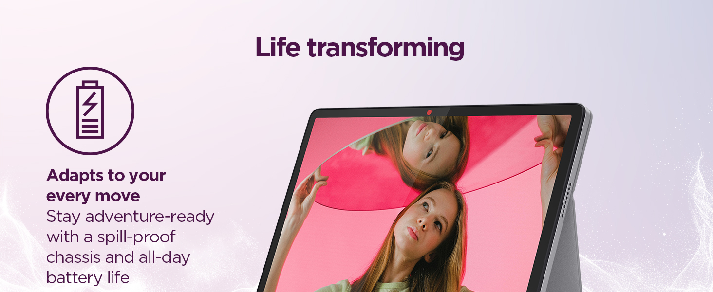 Tablet on stand with 'Life transforming' text, featuring spill-proof chassis and long battery life